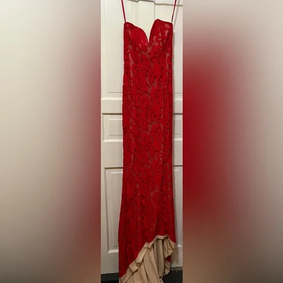 Portia and Scarlett S&N Red Strapless Embroidered Lace Evening Floor Length Gown - Picture 2 of 7